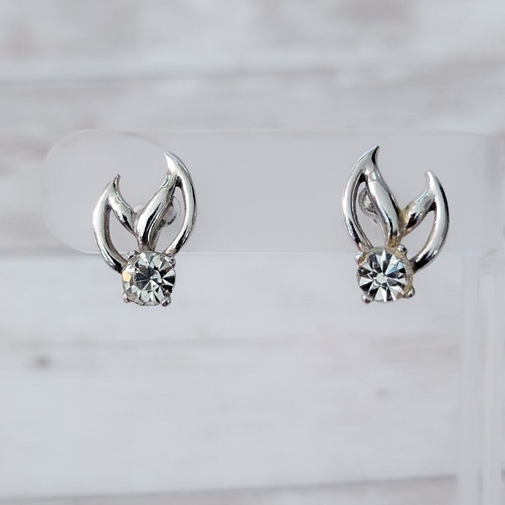 Vintage Screw Back Earrings Silver Tone with Clear Gem 0.75" - Fair Condition